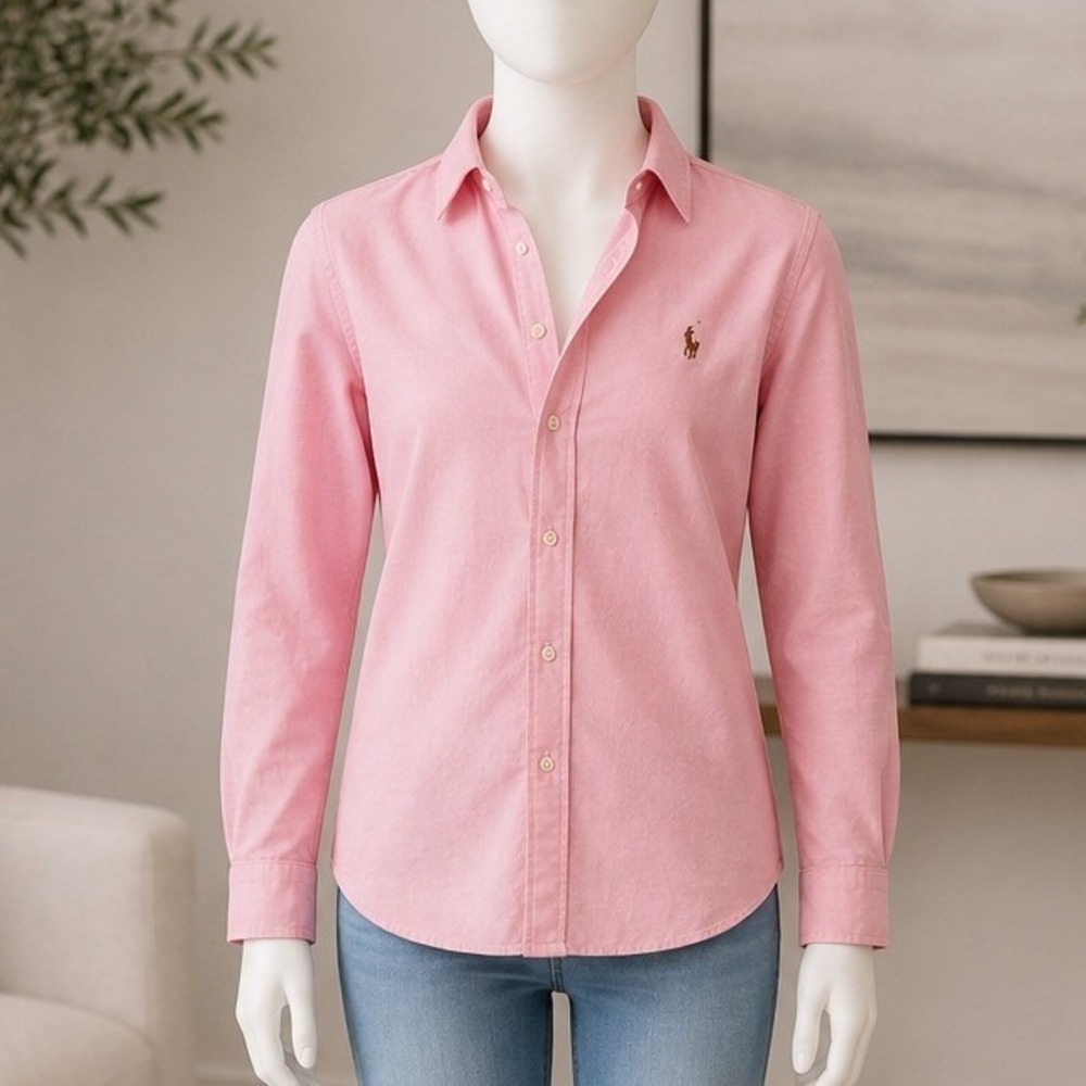 Ralph Lauren Girls Button Down Shirt Pink Slim Fit Oxford 8
